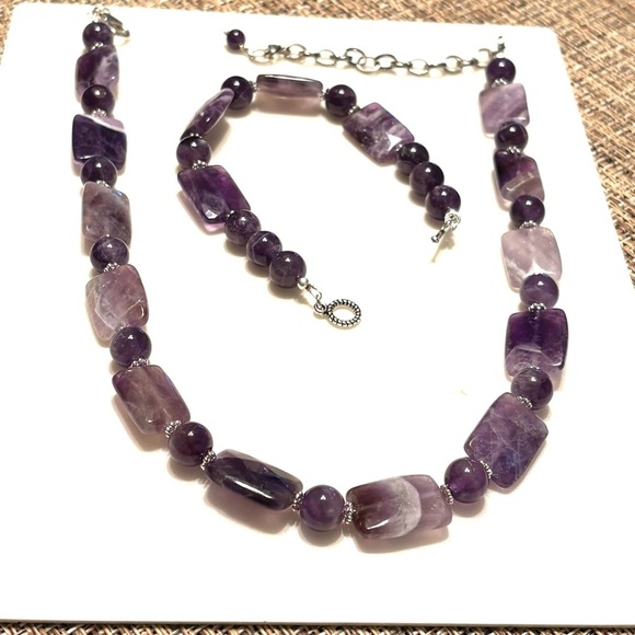 Chevron Amethyst Purple/Lavender Gemstones Necklace Bracelet Set - Picture 2 of 8